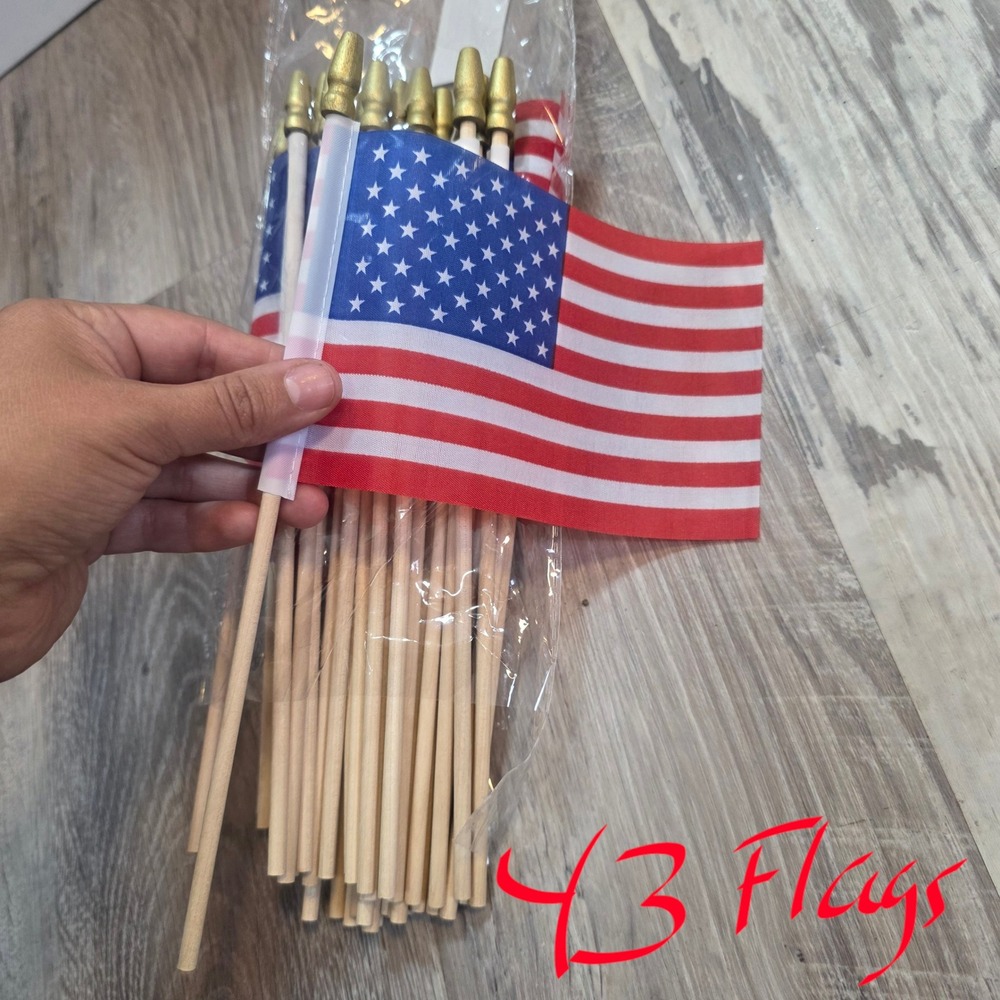 43 Pack Small American Flags on Wooden Sticks Hand Held Mini USA Flags Bulk